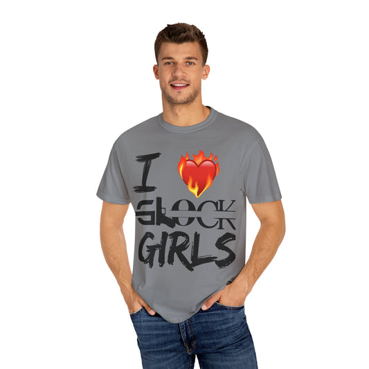 I Love Glock Girls Unisex Garment-Dyed T-Shirt | Casual Streetwear, Gifts for Gun Enthusiasts, Trendy Fashion Tee, Fire Emoji Design