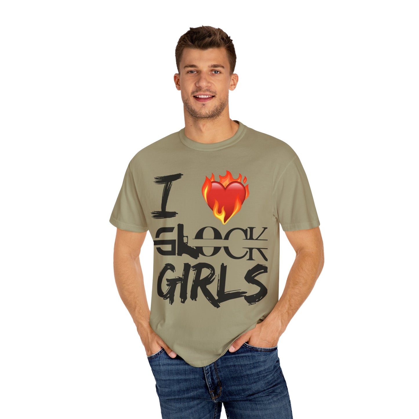 I Love Glock Girls Unisex Garment-Dyed T-Shirt | Casual Streetwear, Gifts for Gun Enthusiasts, Trendy Fashion Tee, Fire Emoji Design