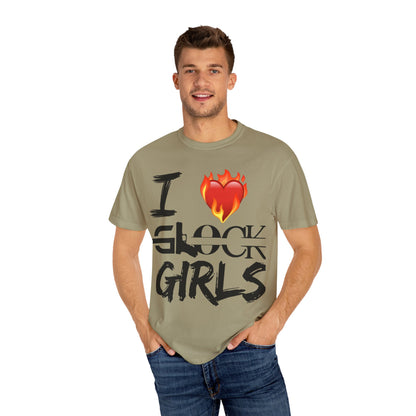 I Love Glock Girls Unisex Garment-Dyed T-Shirt | Casual Streetwear, Gifts for Gun Enthusiasts, Trendy Fashion Tee, Fire Emoji Design
