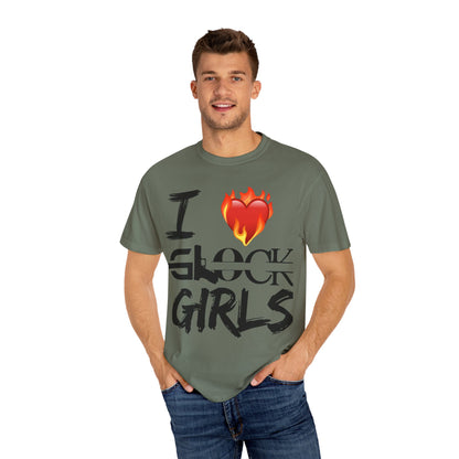 I Love Glock Girls Unisex Garment-Dyed T-Shirt | Casual Streetwear, Gifts for Gun Enthusiasts, Trendy Fashion Tee, Fire Emoji Design