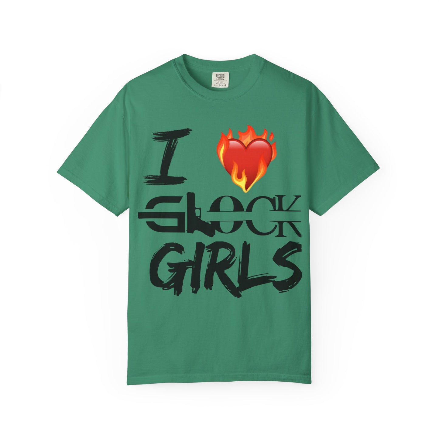 I Love Glock Girls Unisex Garment-Dyed T-Shirt | Casual Streetwear, Gifts for Gun Enthusiasts, Trendy Fashion Tee, Fire Emoji Design