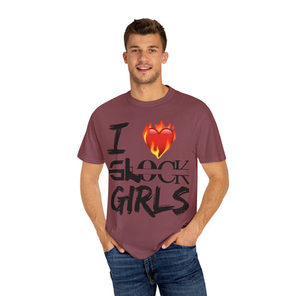 I Love Glock Girls Unisex Garment-Dyed T-Shirt | Casual Streetwear, Gifts for Gun Enthusiasts, Trendy Fashion Tee, Fire Emoji Design
