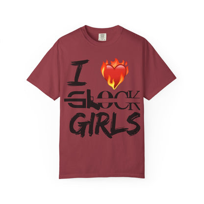 I Love Glock Girls Unisex Garment-Dyed T-Shirt | Casual Streetwear, Gifts for Gun Enthusiasts, Trendy Fashion Tee, Fire Emoji Design