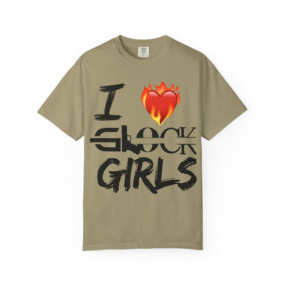 I Love Glock Girls Unisex Garment-Dyed T-Shirt | Casual Streetwear, Gifts for Gun Enthusiasts, Trendy Fashion Tee, Fire Emoji Design