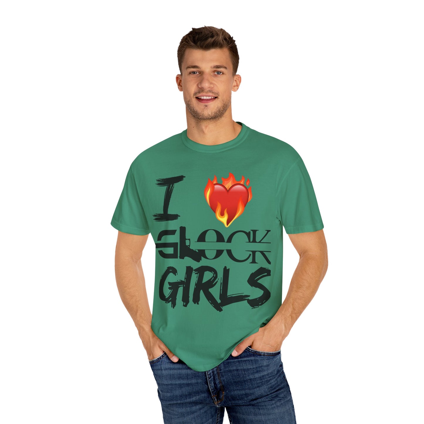 I Love Glock Girls Unisex Garment-Dyed T-Shirt | Casual Streetwear, Gifts for Gun Enthusiasts, Trendy Fashion Tee, Fire Emoji Design