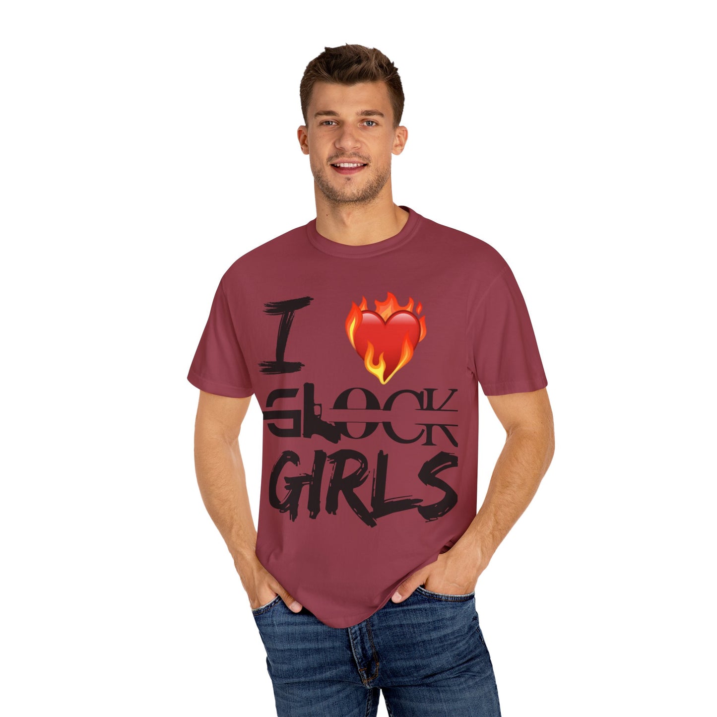 I Love Glock Girls Unisex Garment-Dyed T-Shirt | Casual Streetwear, Gifts for Gun Enthusiasts, Trendy Fashion Tee, Fire Emoji Design