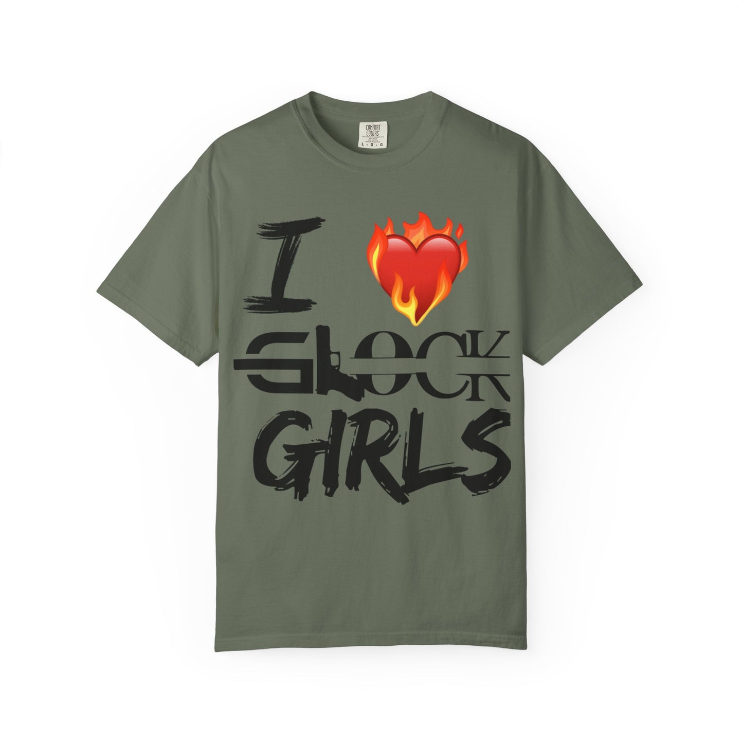 I Love Glock Girls Unisex Garment-Dyed T-Shirt | Casual Streetwear, Gifts for Gun Enthusiasts, Trendy Fashion Tee, Fire Emoji Design