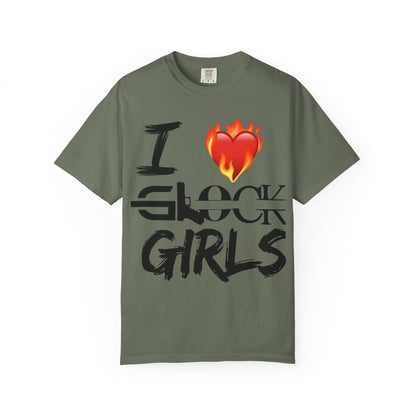 I Love Glock Girls Unisex Garment-Dyed T-Shirt | Casual Streetwear, Gifts for Gun Enthusiasts, Trendy Fashion Tee, Fire Emoji Design